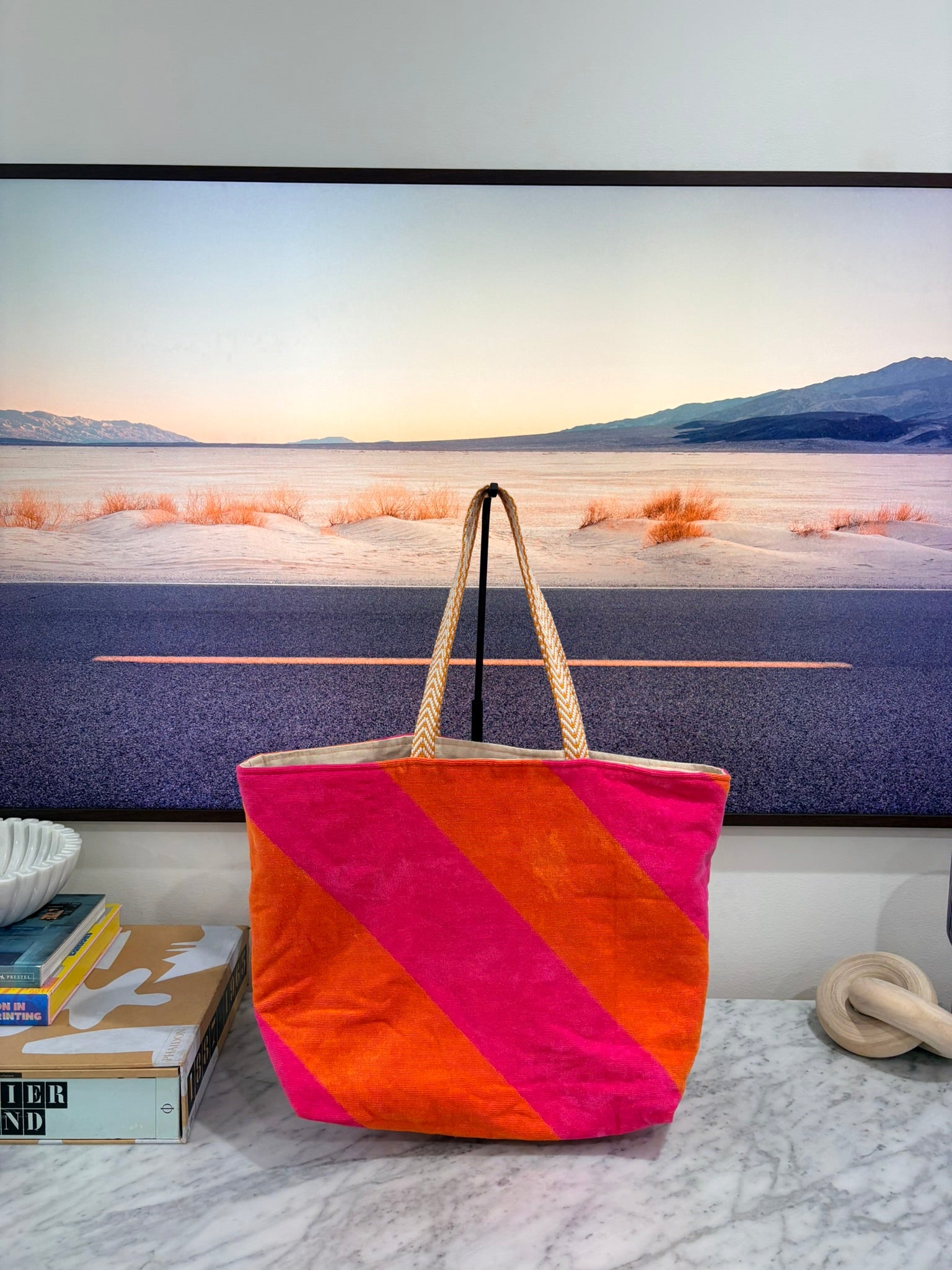 Orange & Hot Pink Striped Terry Cloth Beach Tote