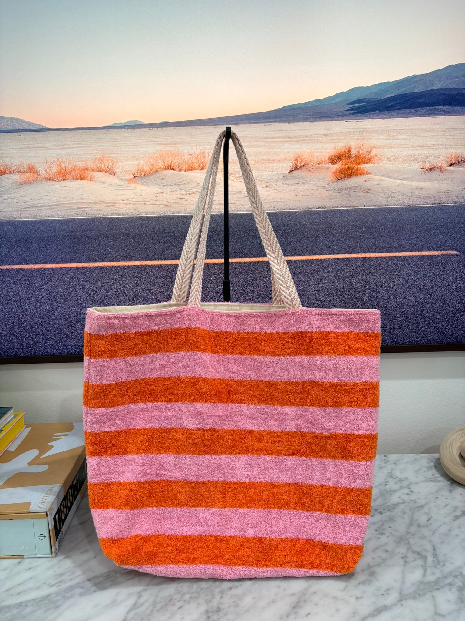 Orange & Pink Horizontal Striped Terry Cloth Beach Tote