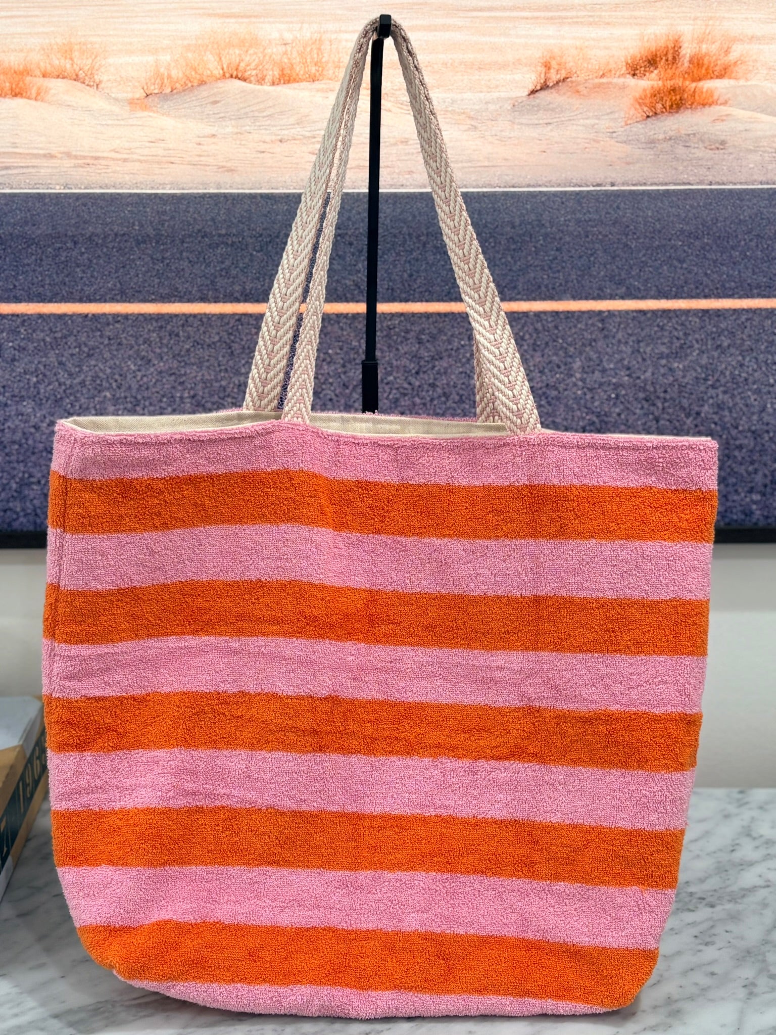Orange & Pink Horizontal Striped Terry Cloth Beach Tote