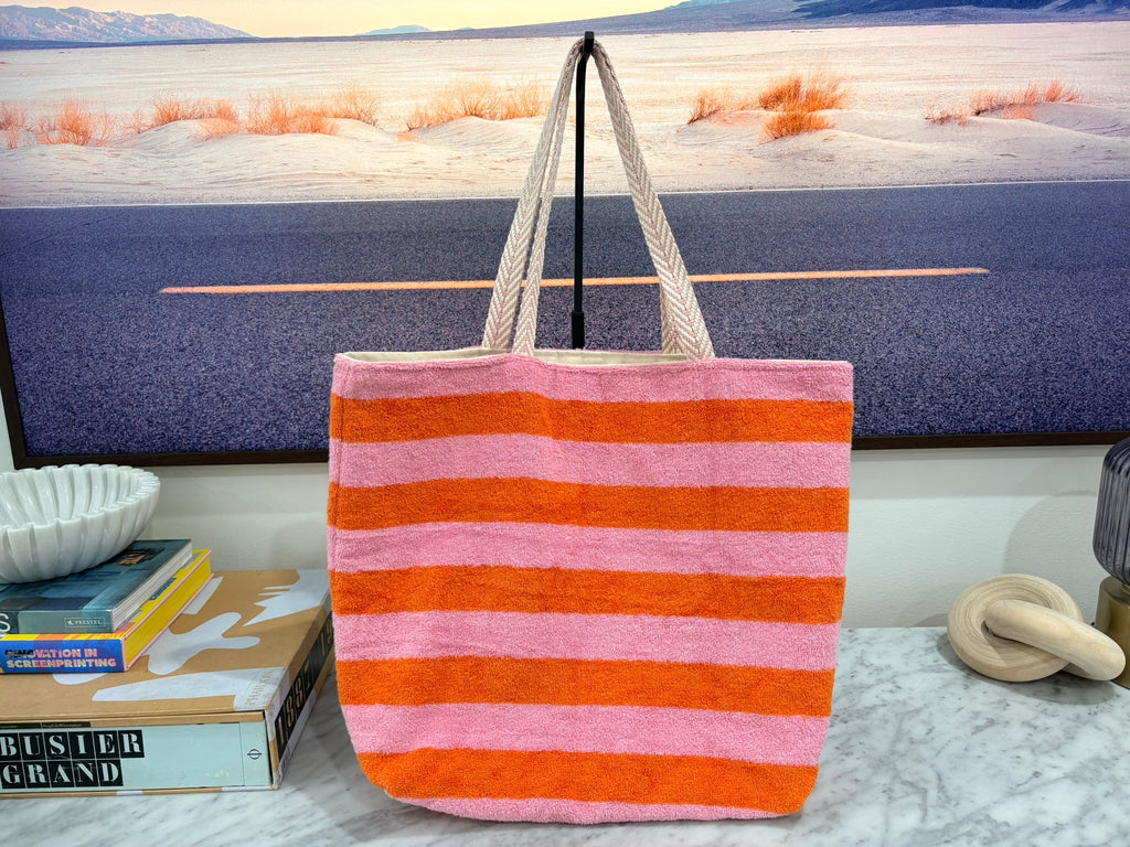 Orange & Pink Horizontal Striped Terry Cloth Beach Tote
