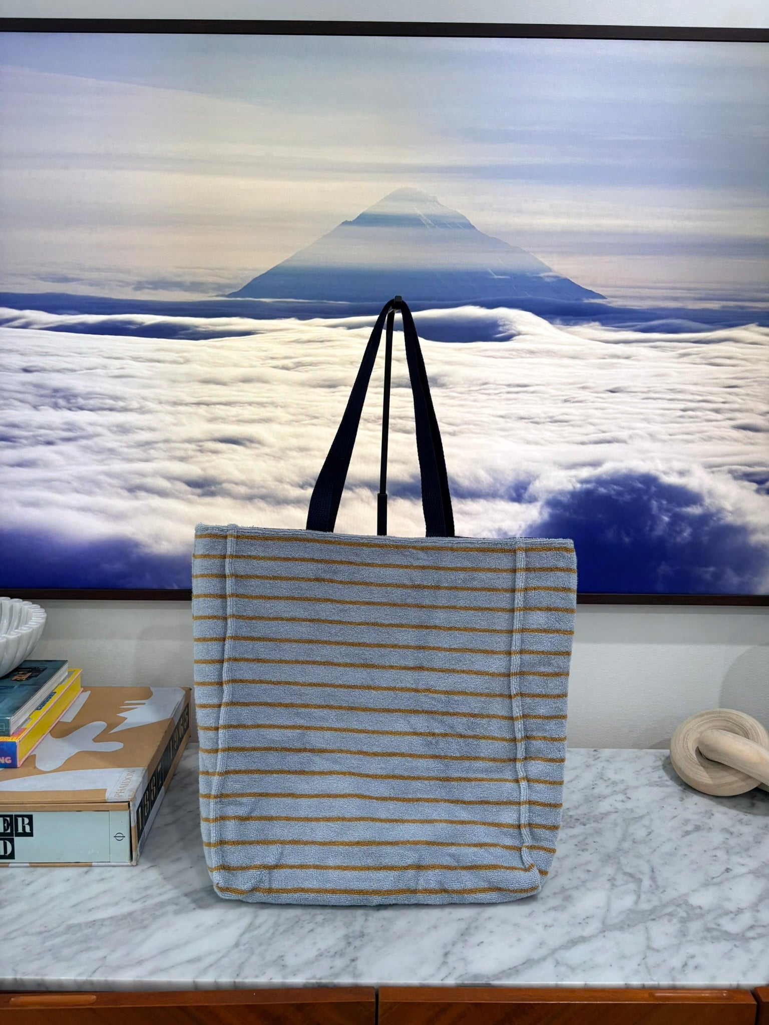 Light Blue & Brown Striped (Structured) Terry Cloth Beach Tote
