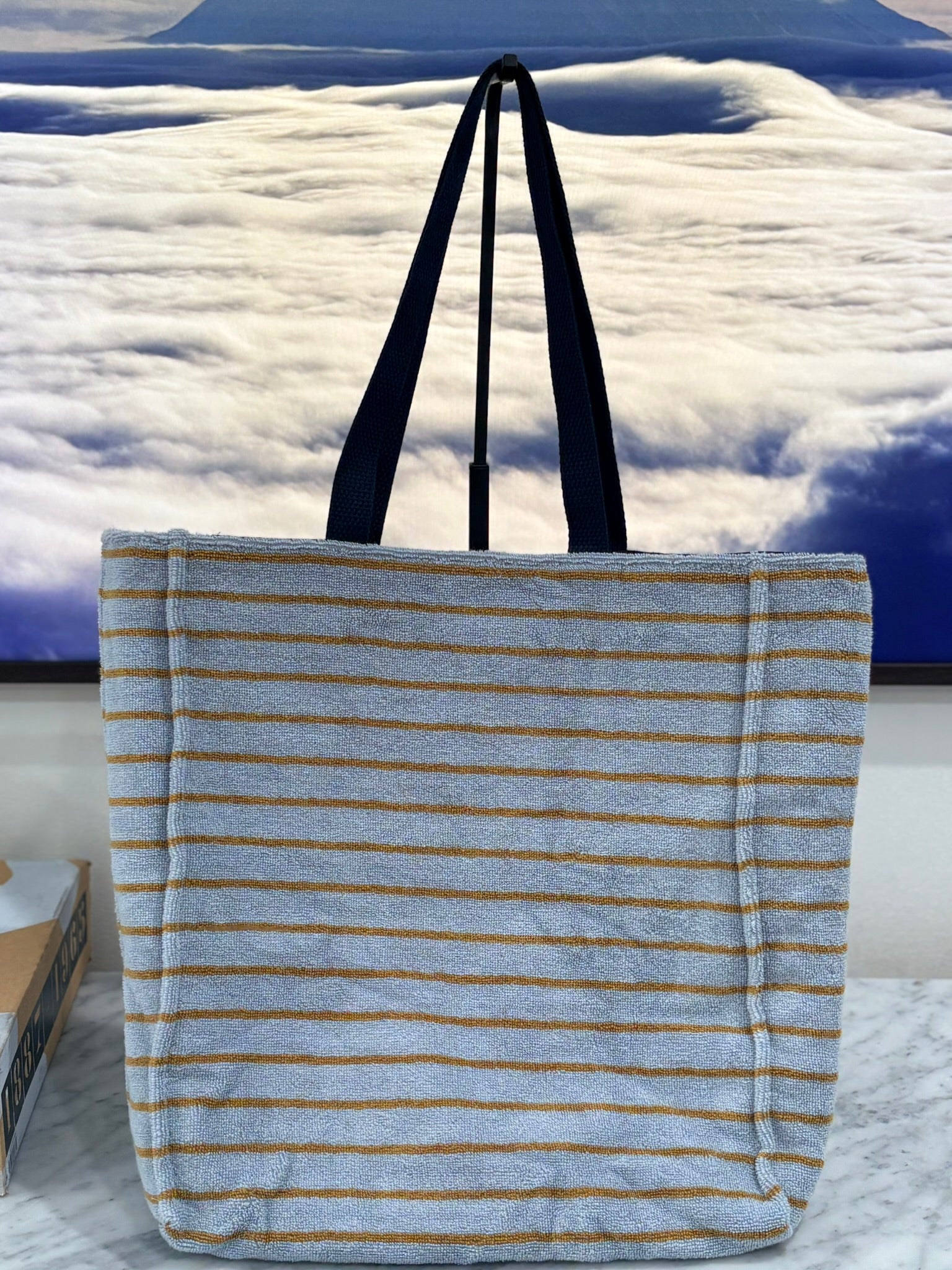 Light Blue & Brown Striped (Structured) Terry Cloth Beach Tote