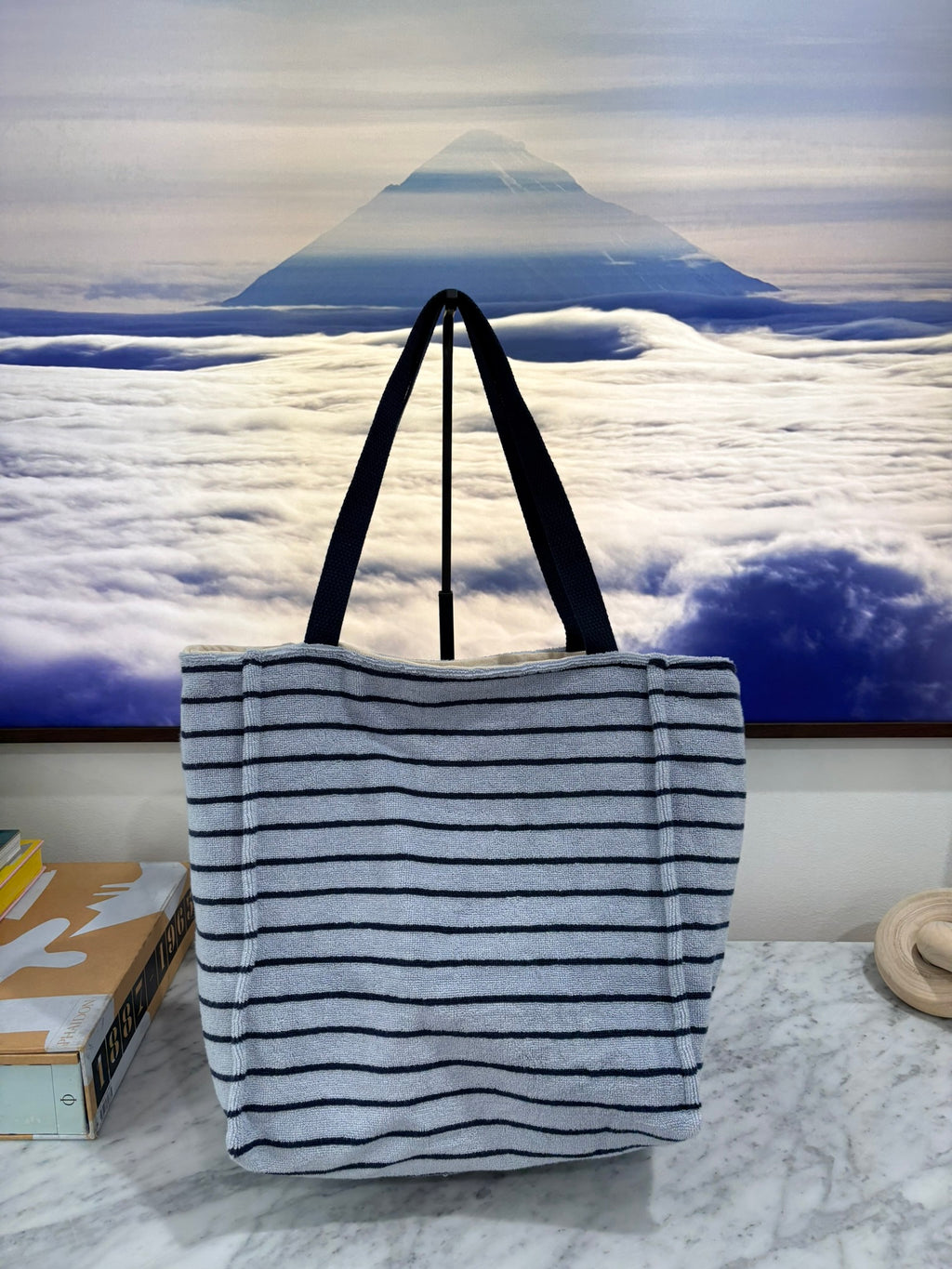 Light Blue & Navy Blue Striped (Structured) Terry Cloth Beach Tote