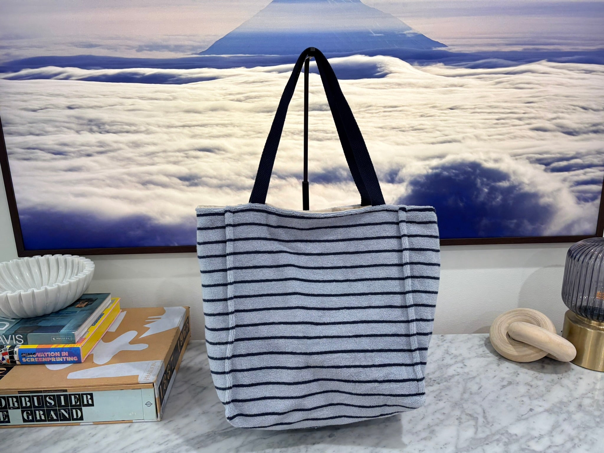 Light Blue & Navy Blue Striped (Structured) Terry Cloth Beach Tote