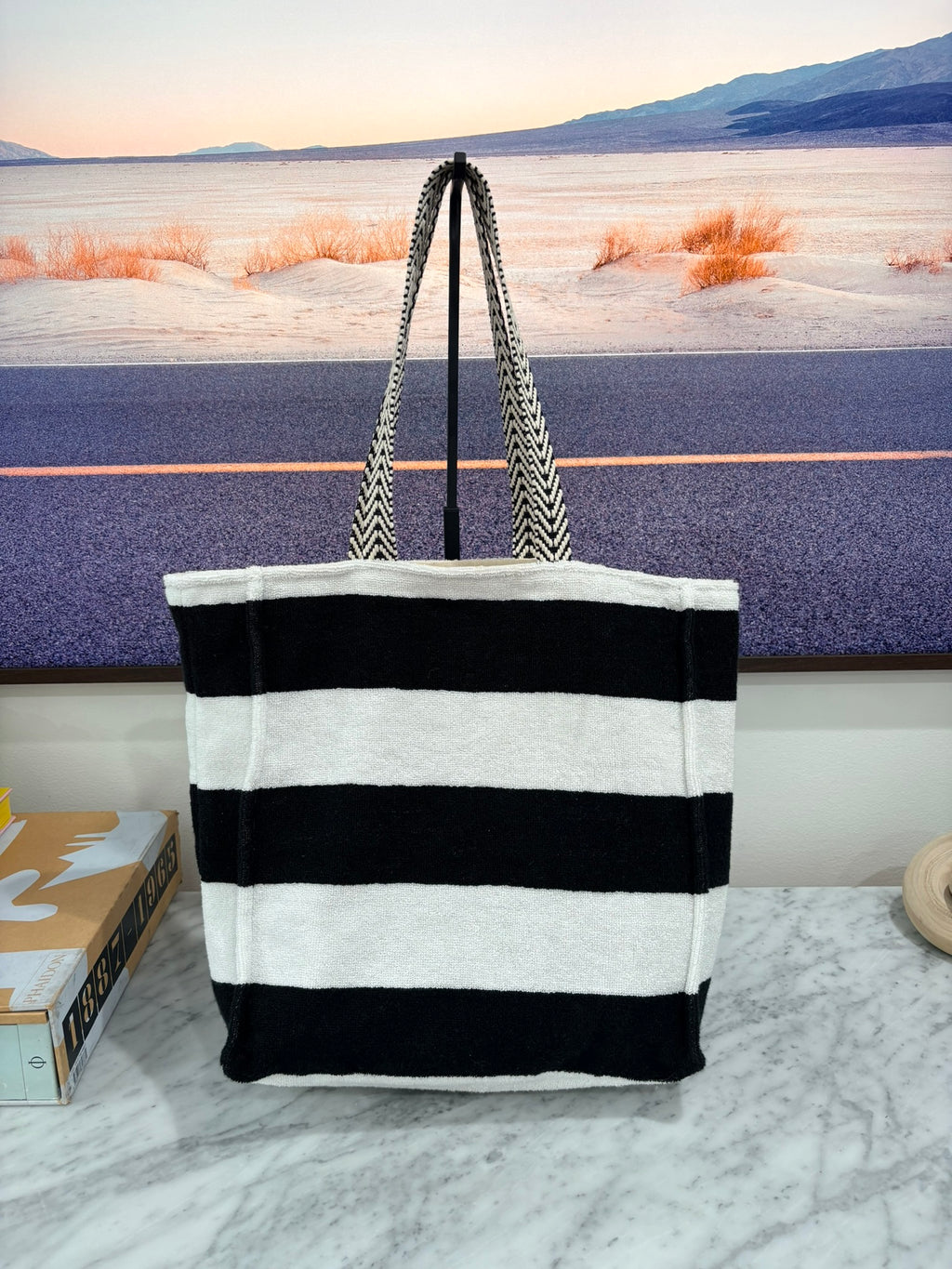 Black & White Striped (Structured) Terry Cloth Beach Tote