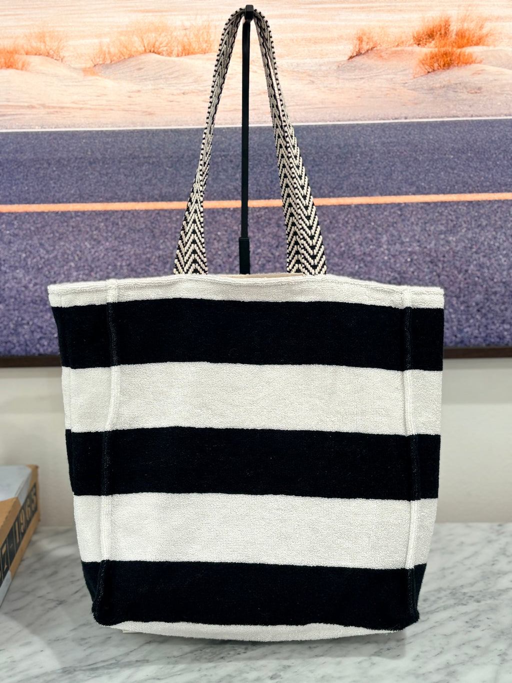 Black & White Striped (Structured) Terry Cloth Beach Tote